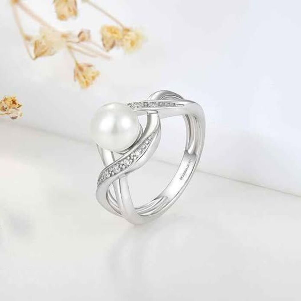 S925 Silver Cubic Zirconia Infinity Pearl Ring 7mm Round White Pearl Size 8